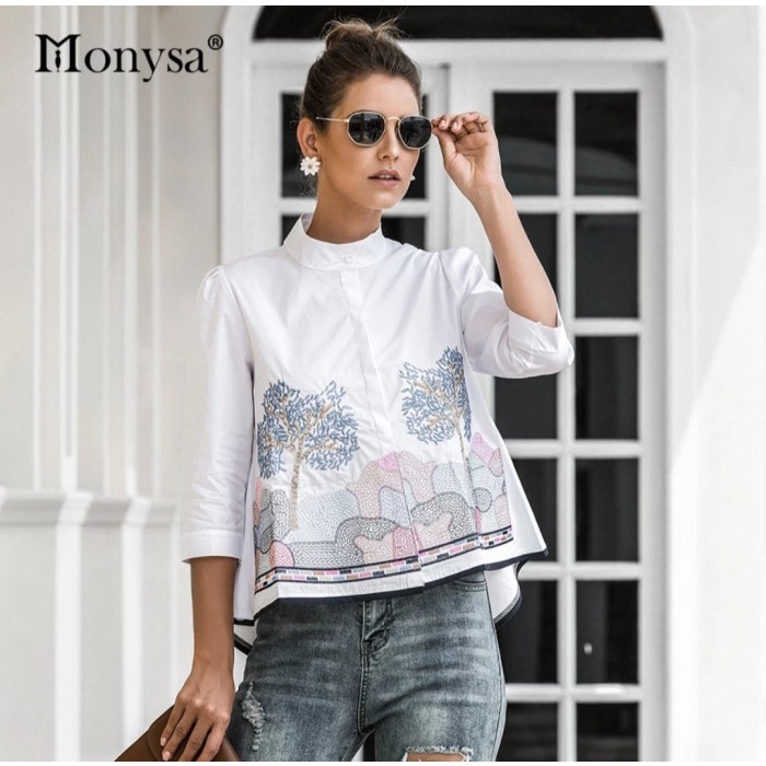 Blouse |Monysa White RO|Blouse Wanita Katun Bangkok White (Y5Q3) Blouse lengan balon Blouse terbaru 