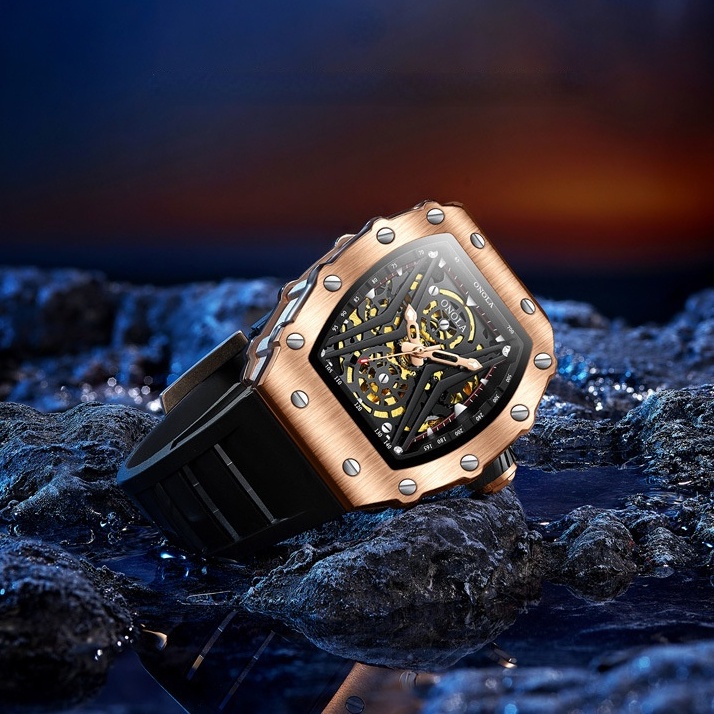☸✐◊ONOLA Jam Tangan Mekanik Pria Sepenuhnya Otomatis Olahraga Silicone 50M WATERPOOR WATCH
