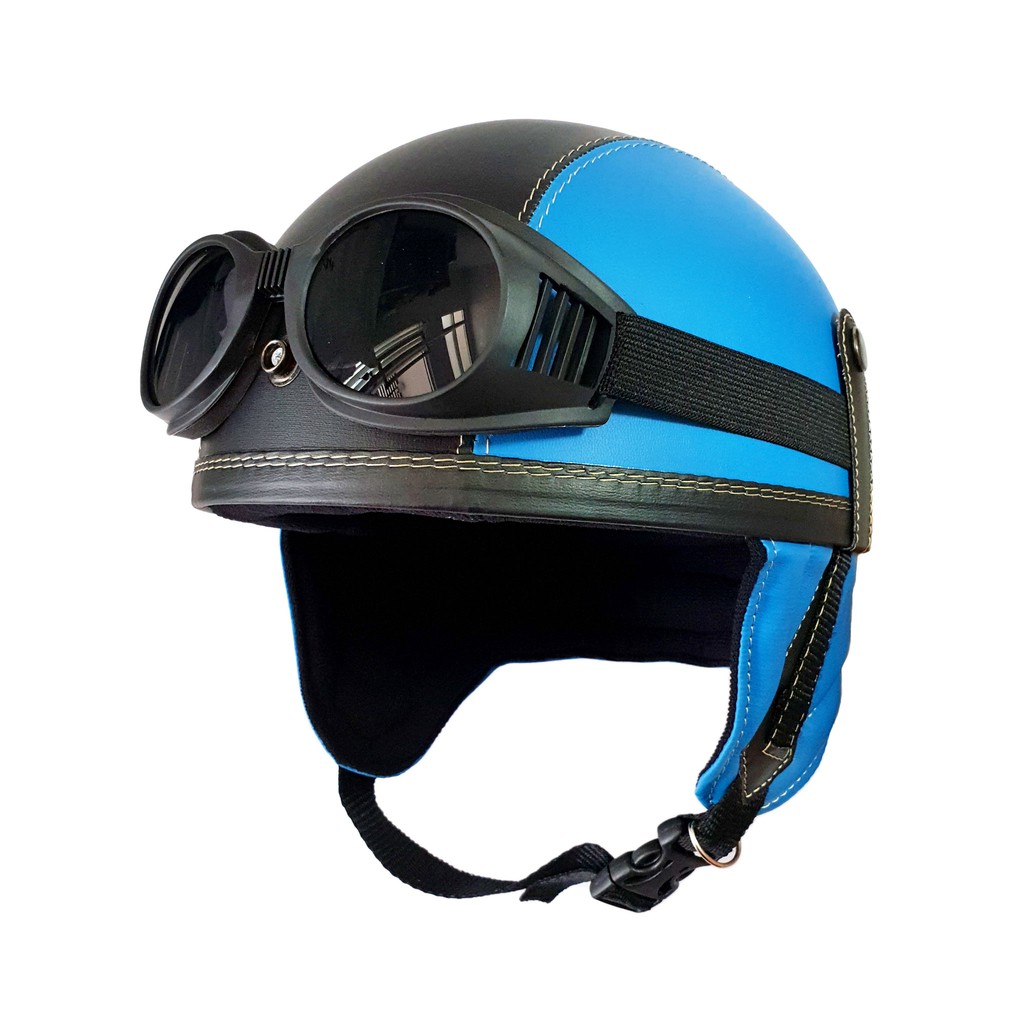 Helm Retro Kulit Casual Series Club Gratis Kaca Mata Black Blue