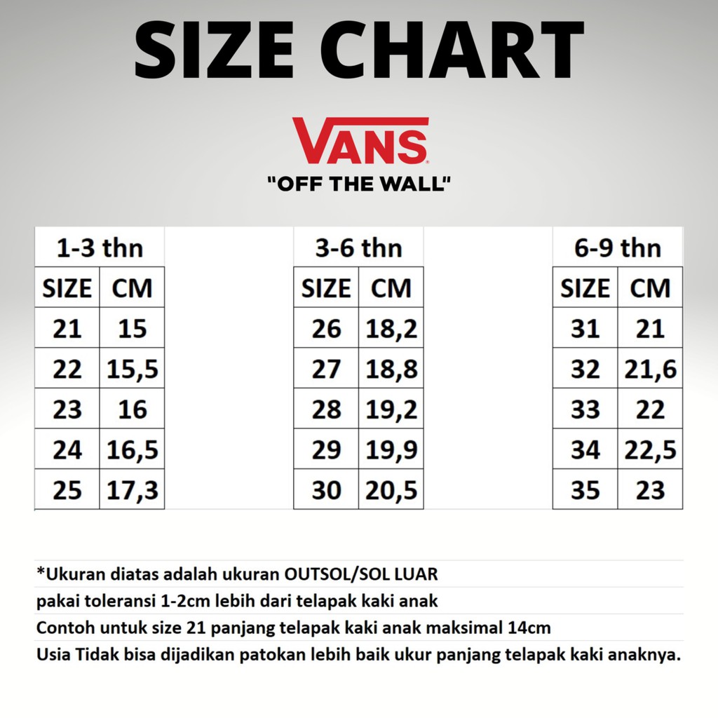 size guide vans cm