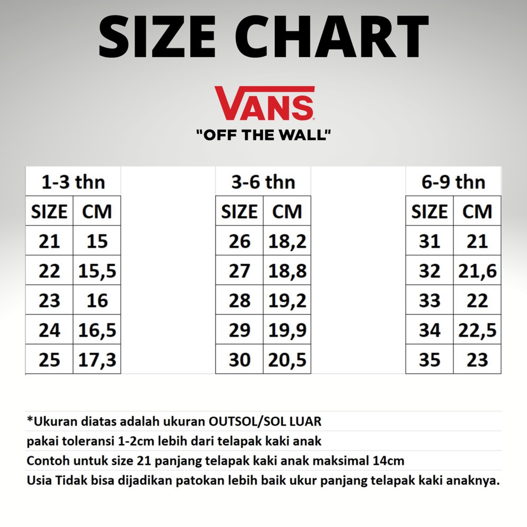 vans cm size chart