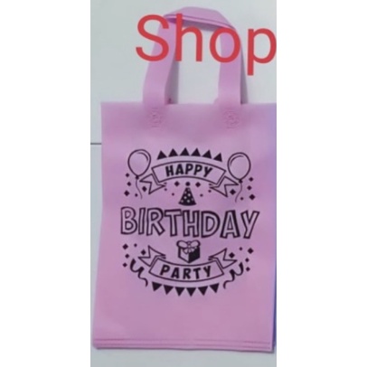 Tas Goodie Bag Ulang Tahun Handle Lipat Samping 25x35x8 70gsm - Tas Spundbond Ultah- Tas Kain Motif-Pink