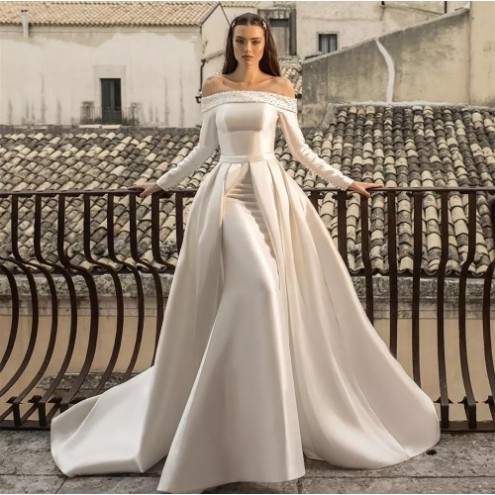 gaun pengantin mermaid simpel satin Wedding Dress elegant white bridal mermaid ekor