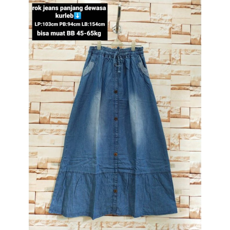 Rok jeans premium rempel dewasa kancing panjang/rok jeans pinggang karet bawah kerut dewasa-Biru muda