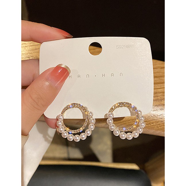 LRC Anting Tusuk Fashion Silver Needle-geometry Pearl Ring Geometric Diamond Y62024