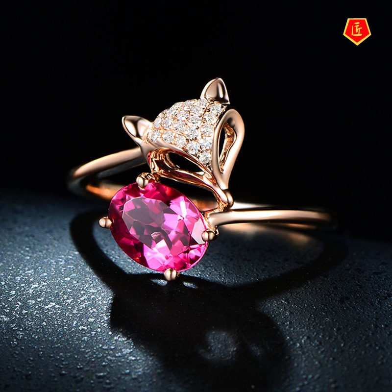 [Ready Stock]Women's Korean-Style Rose Fox Ruby Silver Ring