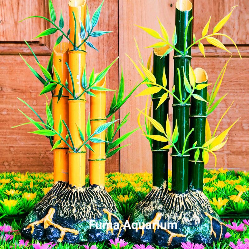 Ornamen Relief Hiasan Akuarium Aquascape model Bambu kecil Kuning Dan Hijau