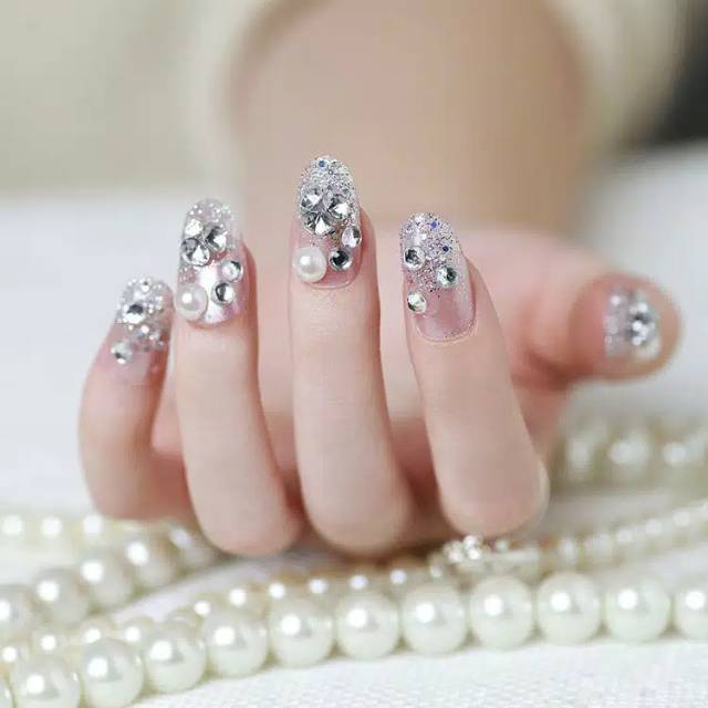 (GRP - GRPO) Wedding fake nail Gliter Rhinestone Pearl kuku palsu pernikahan hias 3D