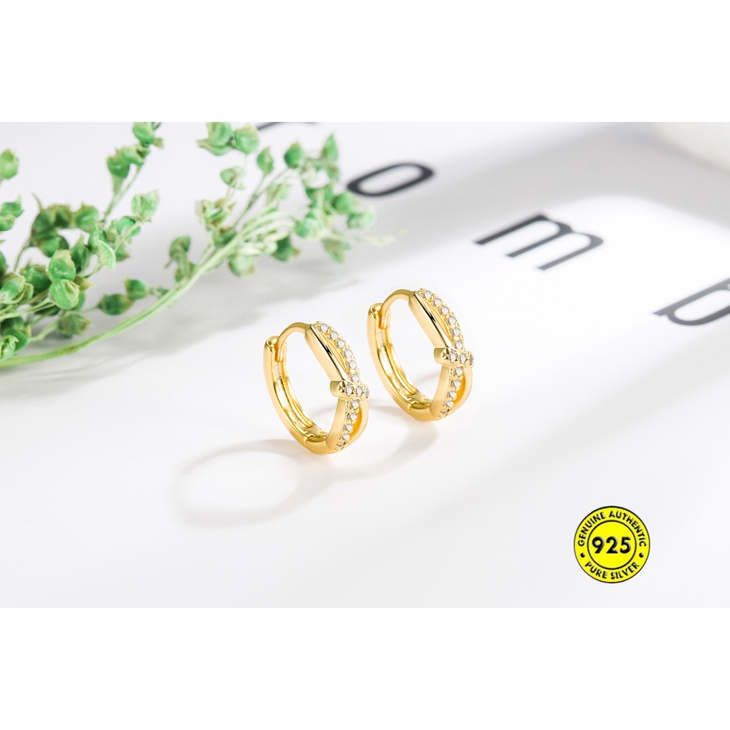 Anting Tusuk Gantung Sterling Silver Desain Simpul Silang Hias Berlian Imitasi Gaya Simple Untuk Wanita