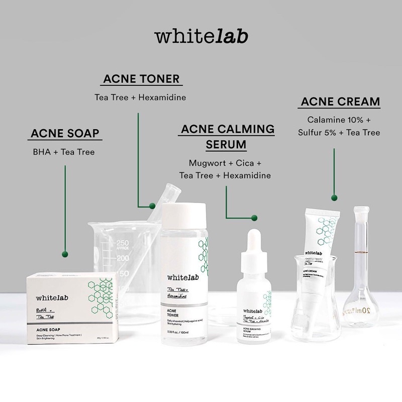 WHITELAB Paket Acne Lengkap Indonesia / Facial Wash Hydrating Essence Toner Serum Ampoule Day Night Underarm Eye Cream Sunscreen Clay Mask Masker Gel Body Soap / Face Brightening Mugwort Niacinamide Peeling Calming Wajah Set / Sabun Krim Pelembab White