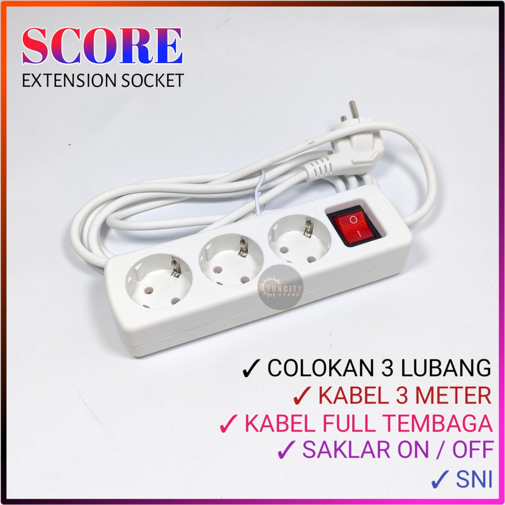 Score Stop Kontak 3 Lubang + Kabel 1.5M , 3M , 5M / Extension Socket Dengan Saklar ON/OFF