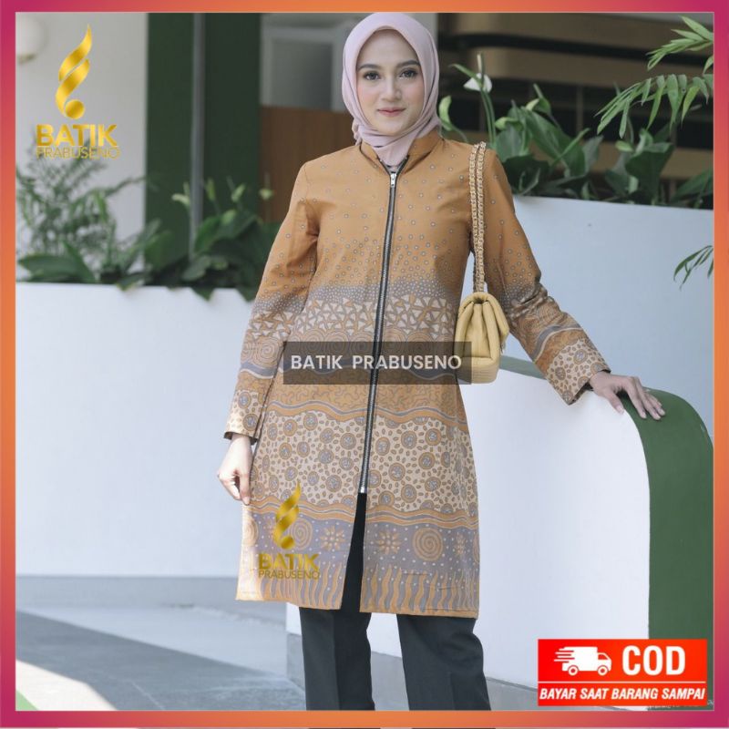 Tunik Batik Wanita Motif NOVI KUNING Atasan Wanita Kerja Kantor  Lengan Panjang Jumbo Modern Atasan Tunik  Baju Batik Bagus Blouse Kondangan Kombinasi Murah Formal Prabuseno Premium COD Tunik XXL