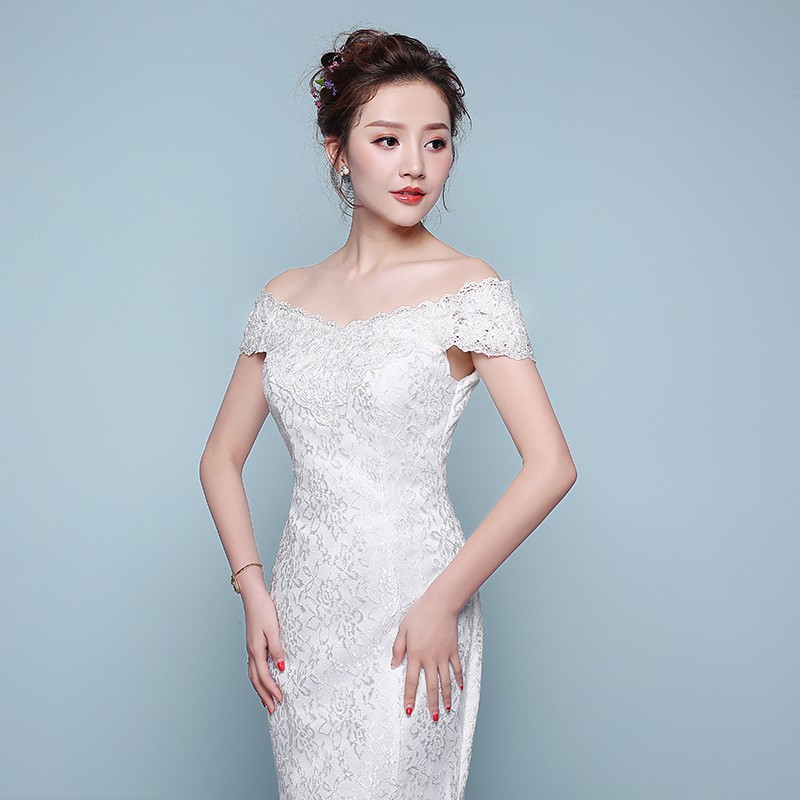 Putih Fishtail gaun pengantin Sabrina Renda Mermaid gaun pesta pernikahan