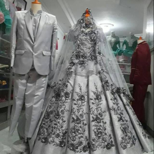 Gaun Pengantin Dan Jas Couple Modern Warna Senada Silver Warna Dan Size Bisa Request