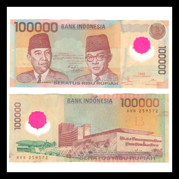 ORI Uang Kuno Polymer Indonesia Soekarno 100000 rupiah tahun.1999