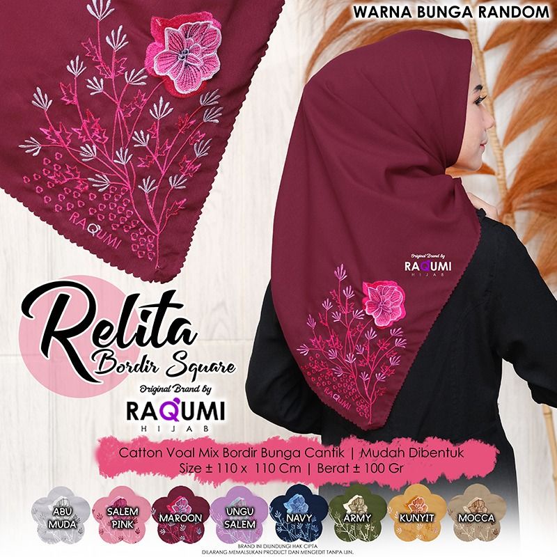 RELITA ORIGINAL RAQUMI HIJAB | SEGIEMPAT RAQUMI | SEGIEMPAT 110 | segiempat motif bunga raqumi