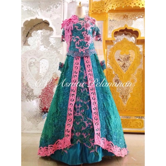 Kebaya nikah penganten gaun pengantin modern kebaya perancis gown mewah murah hijau toska pink tni