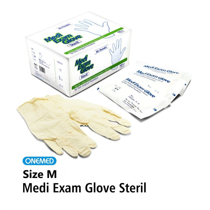 Sarung Tangan Medi Exam Glove Sterile OneMed Box isi 50 Pasang Size M OJ