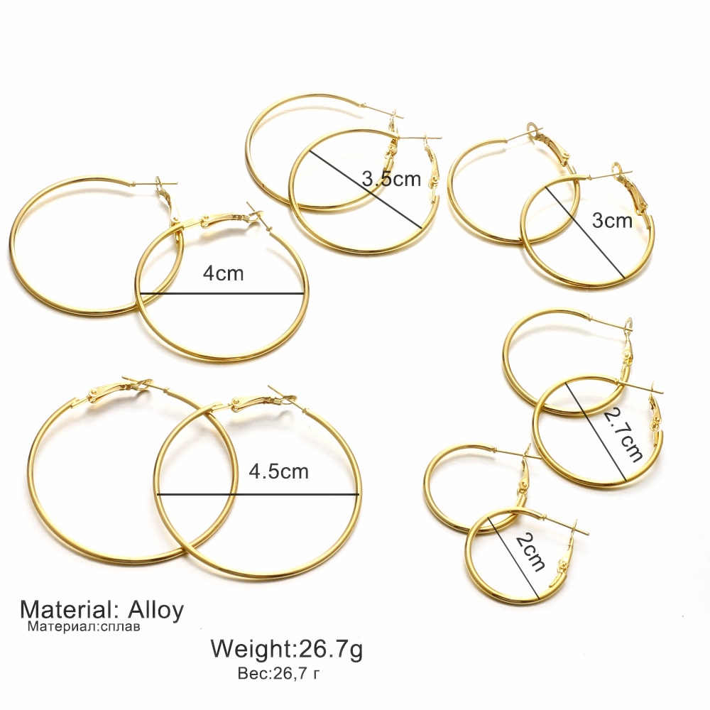 6 Pasang / Set Anting Bulat Besar Minimalis Warna Gold / Silver untuk Wanita