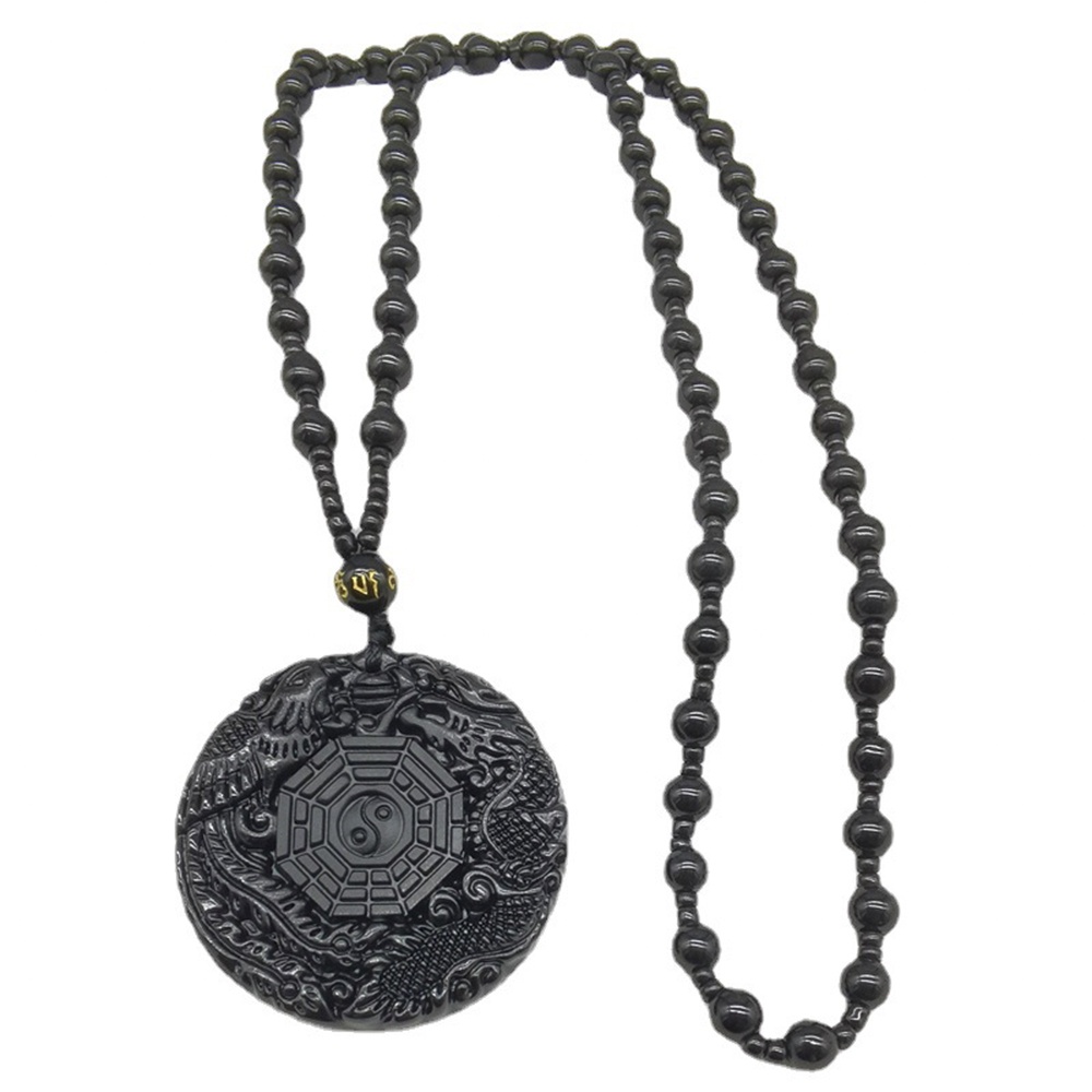 【COD Tangding】Kalung Liontin Batu Obsidian Hitam Motif Ukir Nagaphoenix Reiki Untuk Priawanita