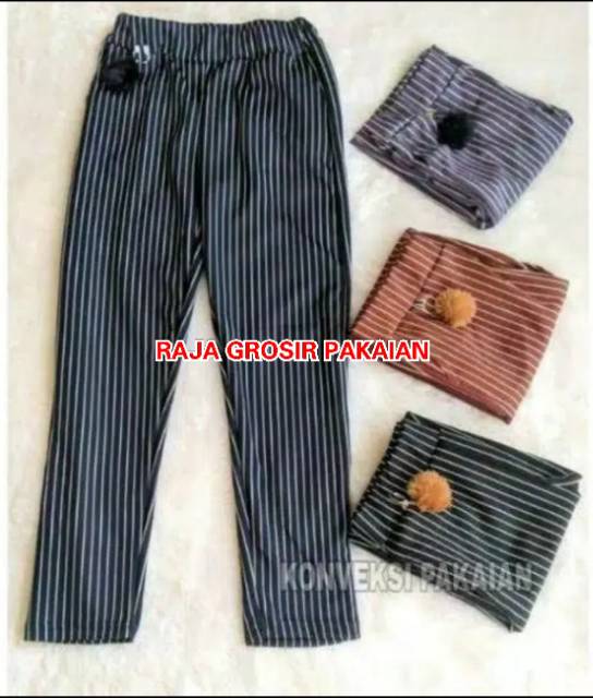 Celana Pensil Stretch Salur Pompom  Dewasa Panjang Bahan Scuba Premium