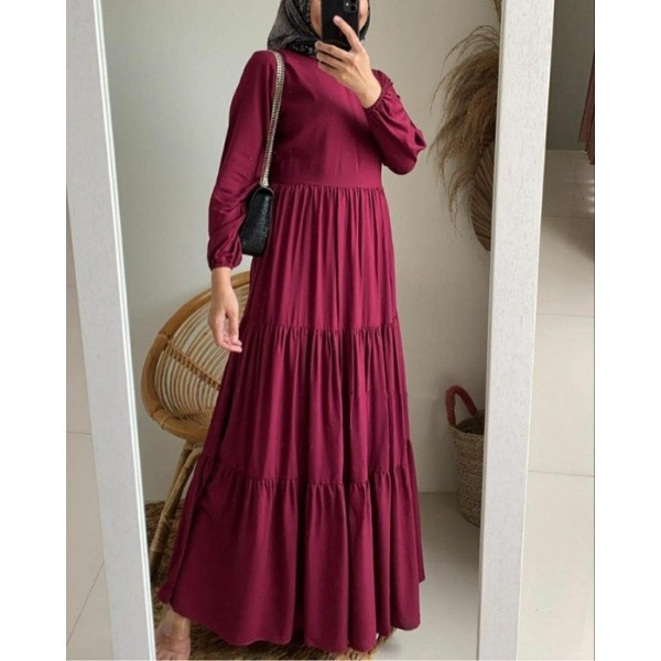 Gamis Syari Twill Polos Terbaru Rayon Kandel Super Premium Gamis Jumbo Busui Lengan Panjang Kerut Murah | Baju Muslim Wanita Kekinian 2022-Marun