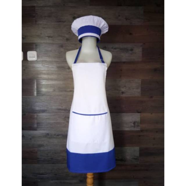 Celemek apron ombinasi biru putih merah putih &amp; topi koki