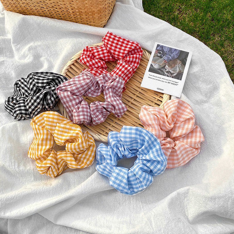 T&amp;Y Ikat Rambut scrunchie Elastis Motif Kotak Garis Bahan Katun Gaya Korea Isi 3 Pcs Free Pouch