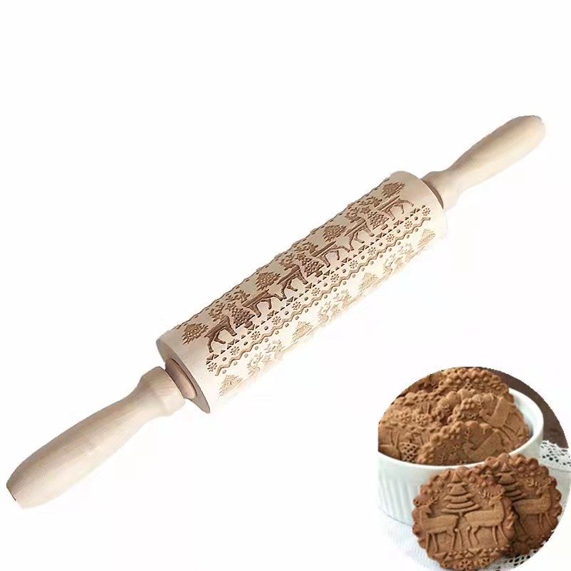 Rolling Pin Natal Wood Christmas Tree Deer Rusa Penggiling Rolpin Adonan Kayu Rollpin