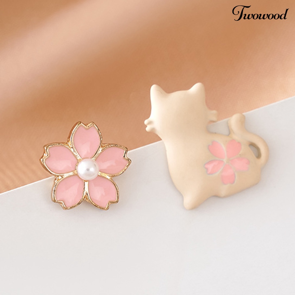 Twowood 1 Pair White Cat Pink Flower Women Earrings Alloy Faux Pearl Asymmetric Stud Earrings Jewelry Accessory