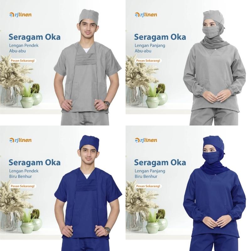 RJLINEN Baju Seragam OKA Perawat Suster Petugas Klinik Bidan Rumah Sakit Scrub Medis OK Lengan Pendek Panjang Unisex