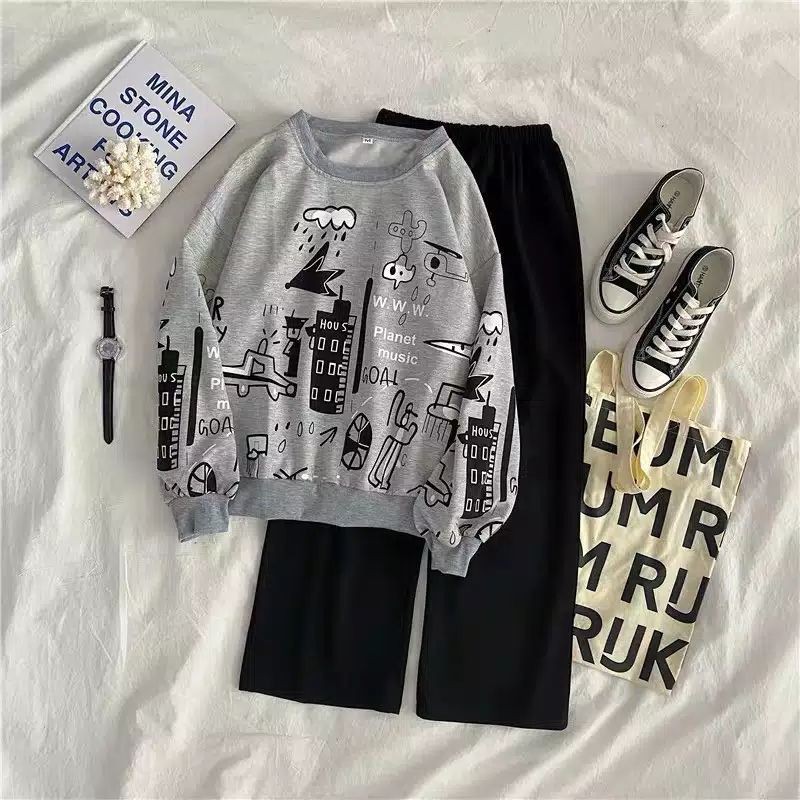 Planet set/ Setelan wanita/ Satu set pakaian wanita/ Pakian wanita/ satu set-Grey