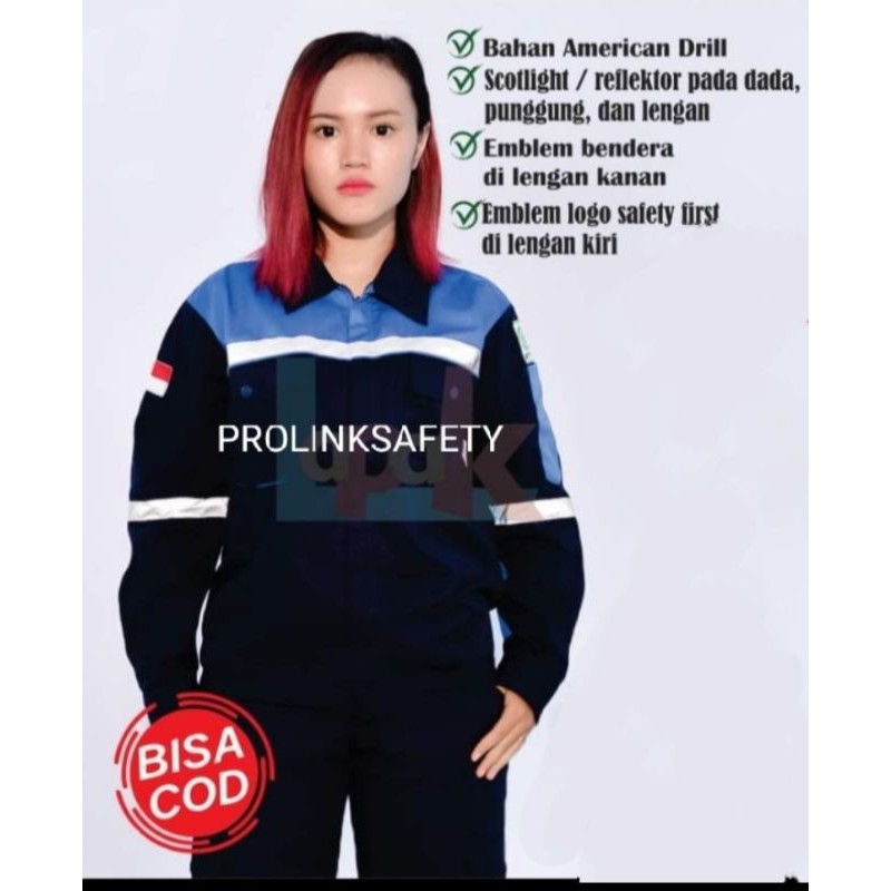 RESLETING BAJU SERAGAM SAFETY NAVY DONGKER KOMBINASI BIRU MUDA BERLOGO K3 BENDERA