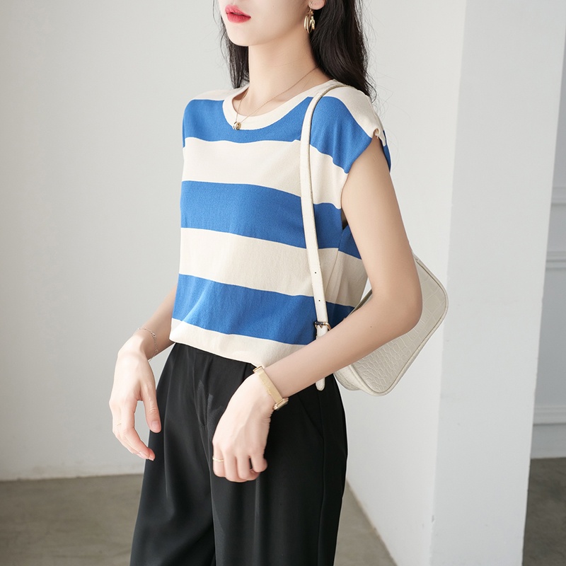 【Elegant】Korean Knit Round Neck Striped sleeveless T-Shirt 7481