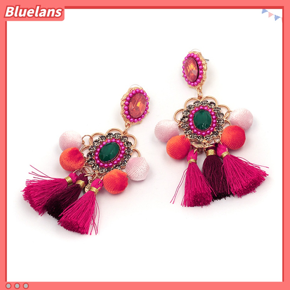 Anting Stud Tassel Pompom Bunga Berlian Imitasi Untuk Wanita