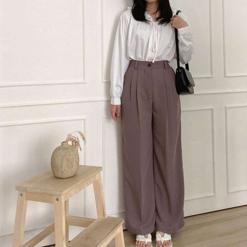 Loose Pants Trousers (MAUVE) Wanita Anti Kusut - Celana Kulot Highwaist Wanita Bahan Jatuh Celana Kantor Formal / Casual