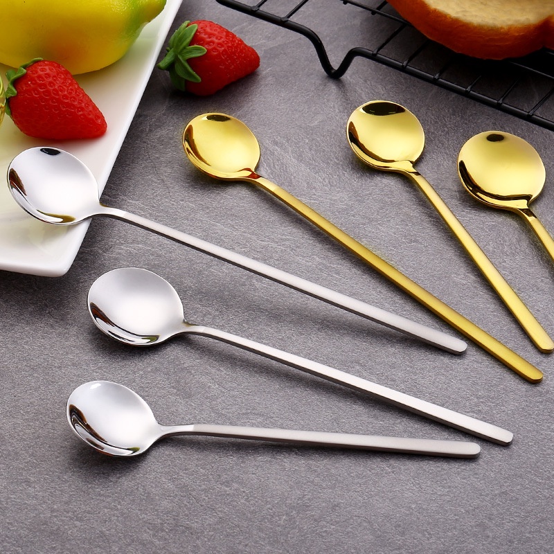 1pc Sendok Pengaduk Kopi / Es Krim / Latte / Dessert Kepala Bulat Bahan Stainless Steel Warna Silver / Emas