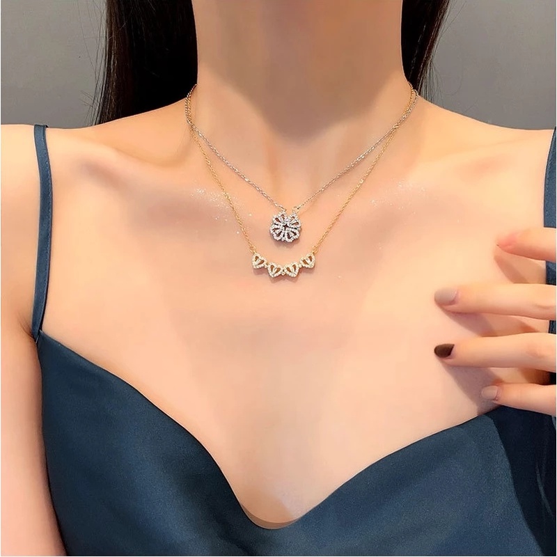 Kalung Choker Rantai Klavikula Hias Liontin Daun Clover Hati Gaya Retro Untuk Wanita