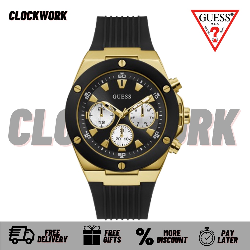 Jam Tangan Guess Watch Blcak & Gold POSEIDON - GW0057G1 Pria Karet ORIGINAL