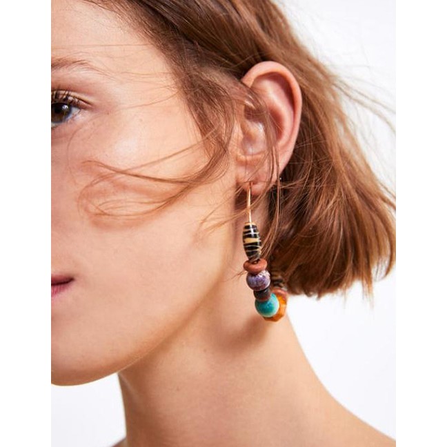 LRC Anting Tusuk Fashion Color Alloy Round Wooden Beads Earrings F32678