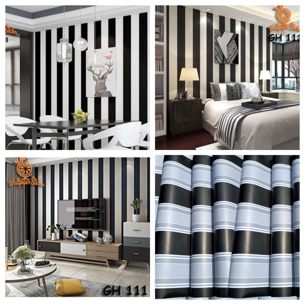 COD - PROMO PAKET 5ROLL (BUY 4 GET 1 FREE) Wallpaper Sticker Dinding Walpaper Stiker Ruang Tamu Walpeper Tembok Kamar Tidur Motif SALUR HITAM Elegant PUSAT WALLPAPER