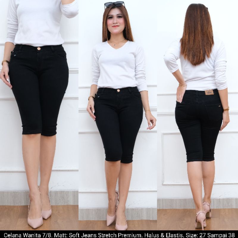 Celana 7/8 Jeans Stretch Hitam . Celana Pendek Jeans Wanita Murah