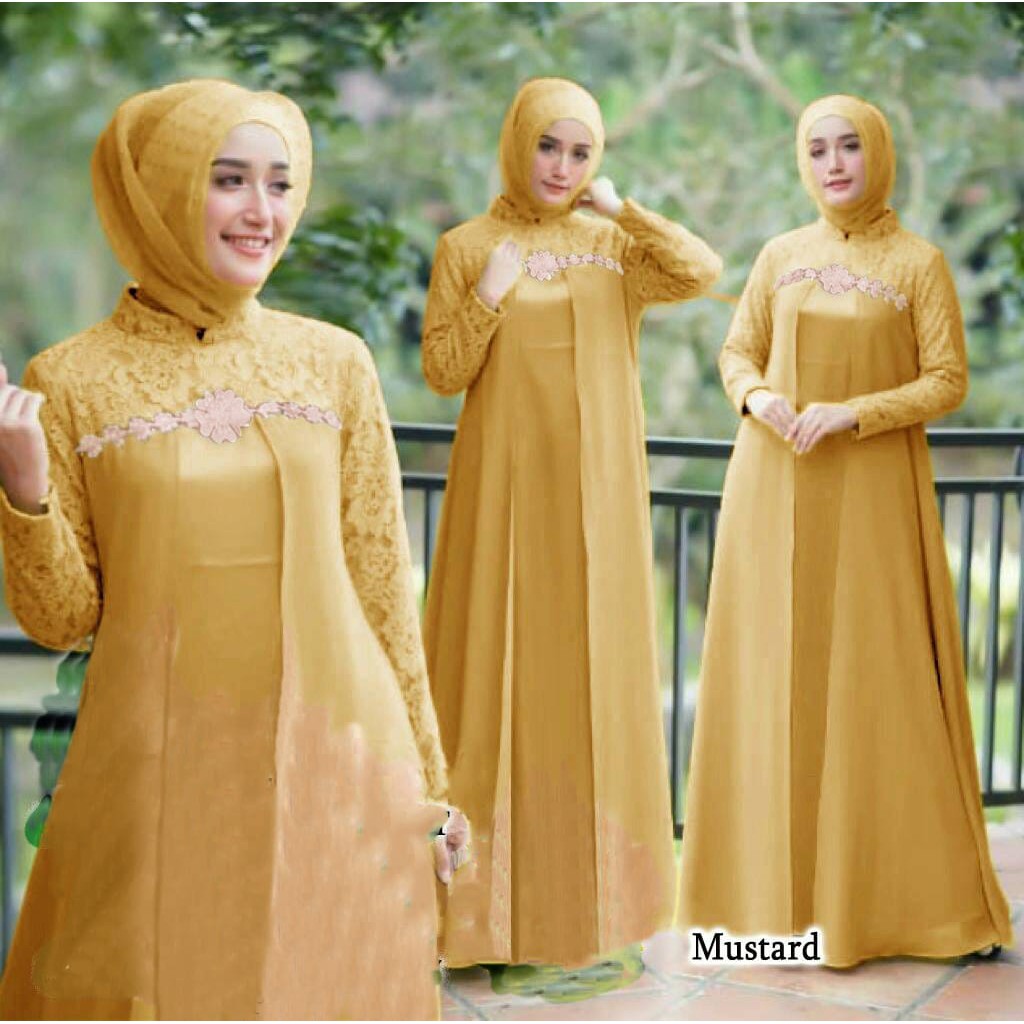 Elena Gamis Pesta Brukat/ Gamis Seragam/ Gamis Remaja Dewasa/ Fashion Muslim Wanita Premium - Size M L XL XXL Jumbo-Mustard