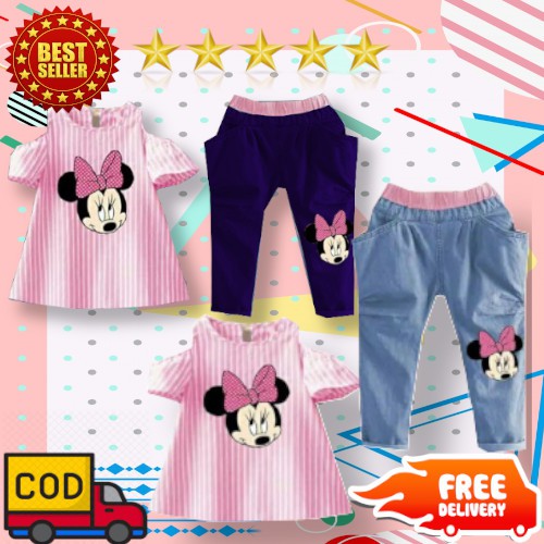 VISION ONLINE-[ GRATIS ONGKIR COD] STRIPY MINNIE PINKY SETELAN ANAK BAYI PEREMPUAN 1-4 TAHUN MURAH