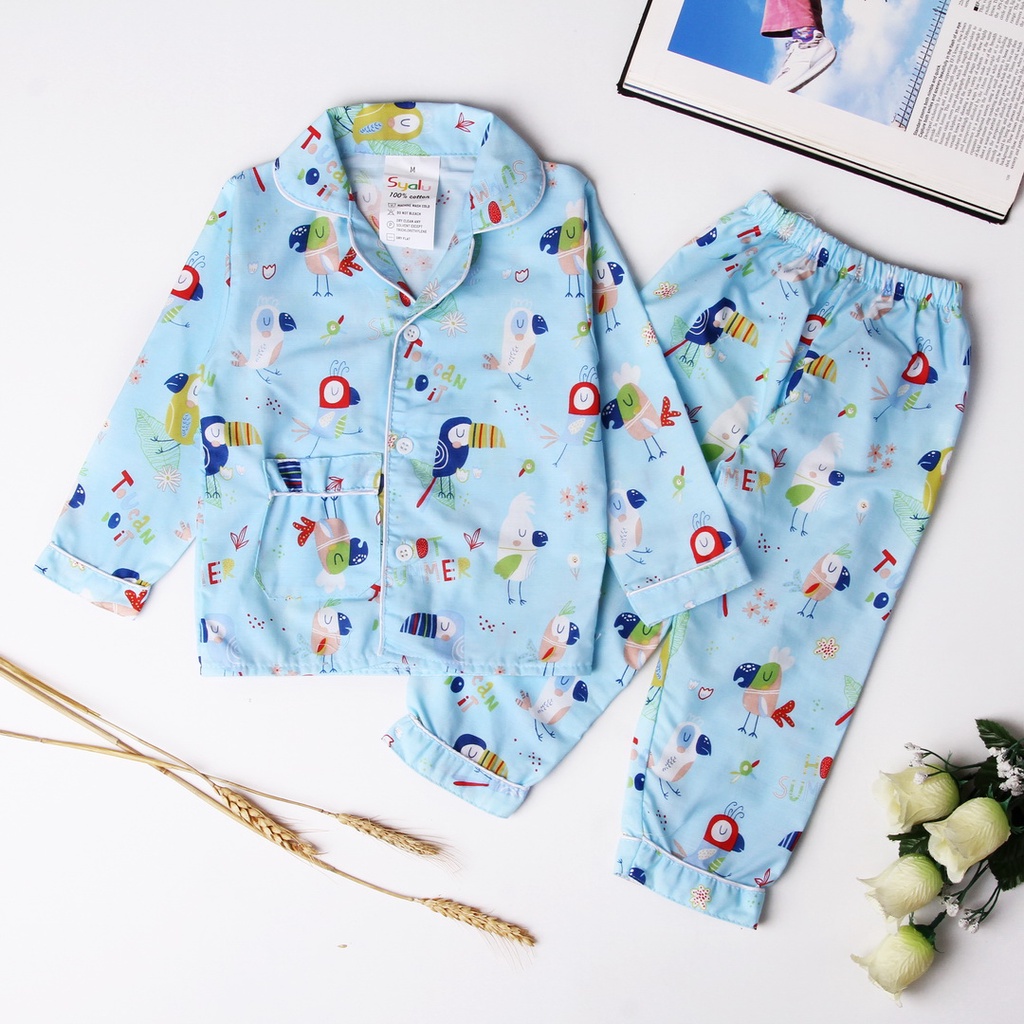 Set Baju Tidur Anak Premium Cotton Bird Summer Panjang