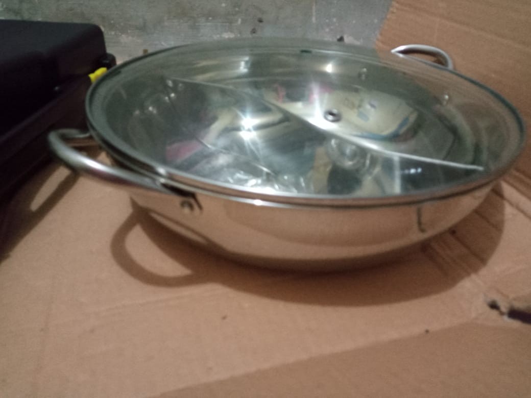 Rantangshop Panci Sabu Sabu 2 Sekat Ada Tutup Kaca Stainless Ultra Grill Portable