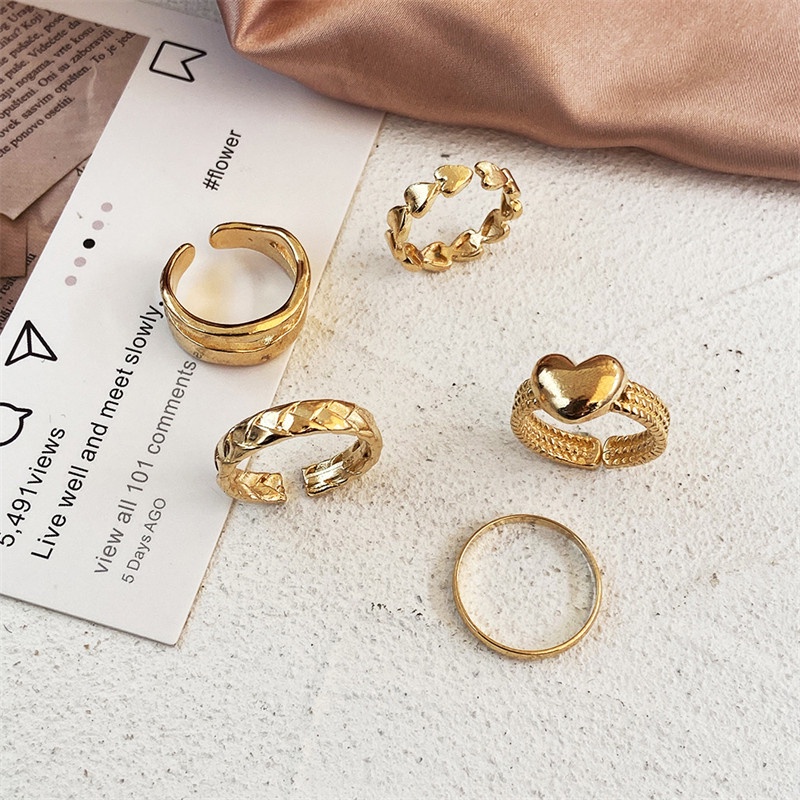 5pcs / Set Cincin Bentuk Hati Gaya Simple Untuk Wanita