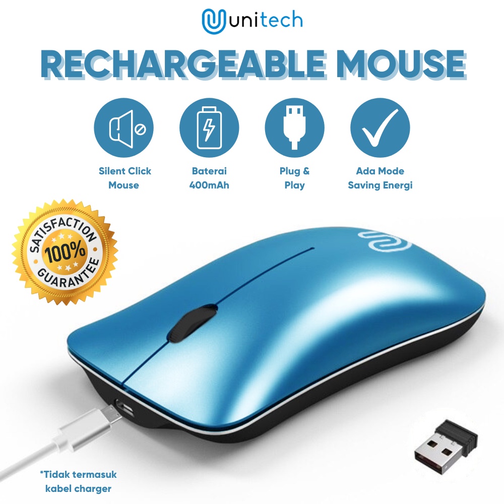 Mouse Wireless Slim Recharger Unitech P1 Silent Click Mode 2.4Ghz 1600 DPI &amp; Gratis Mousepad
