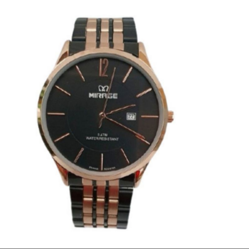 Jam Tangan Pria Mirage 8647 Rantai Black Combi Rose Gold Original