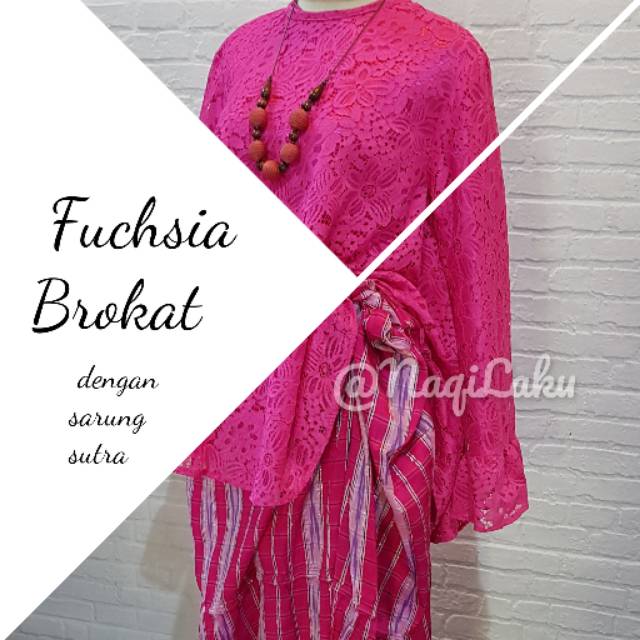Preloved Setelan Baju Pesta Wanita Fuchsia / Pink Fanta Brokat dan Sarung Sutera Tenun